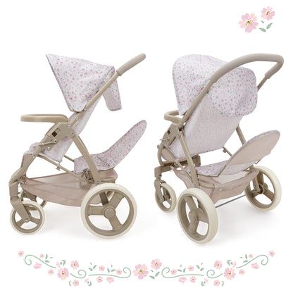 509 Crew Little Flora Mabelle Duo Twin Doll Stroller in pink floral with beige frame
