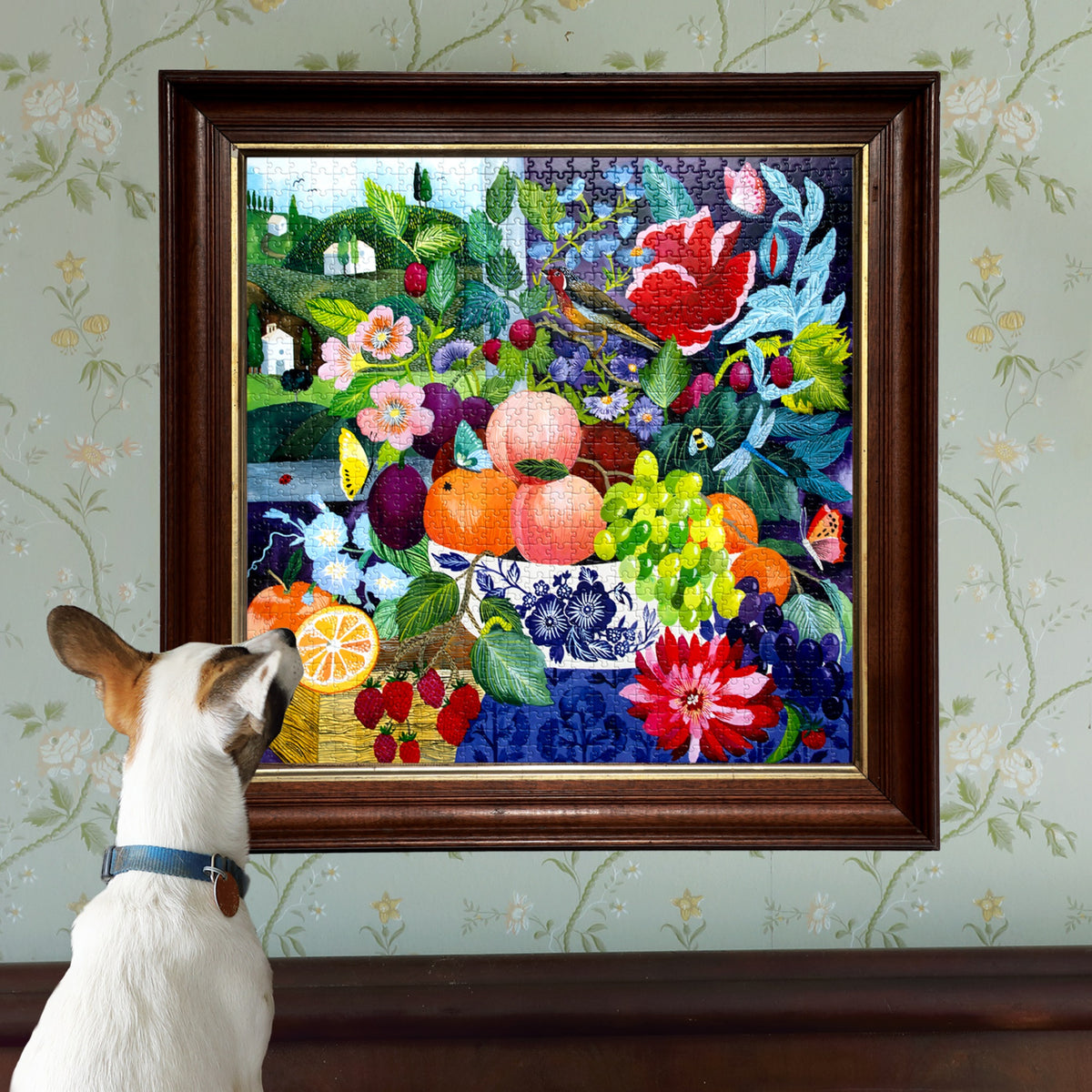eeBoo 1000-piece jigsaw puzzle featuring colorful still life of peaches, plums, flowers, and fruits in blue bowl
