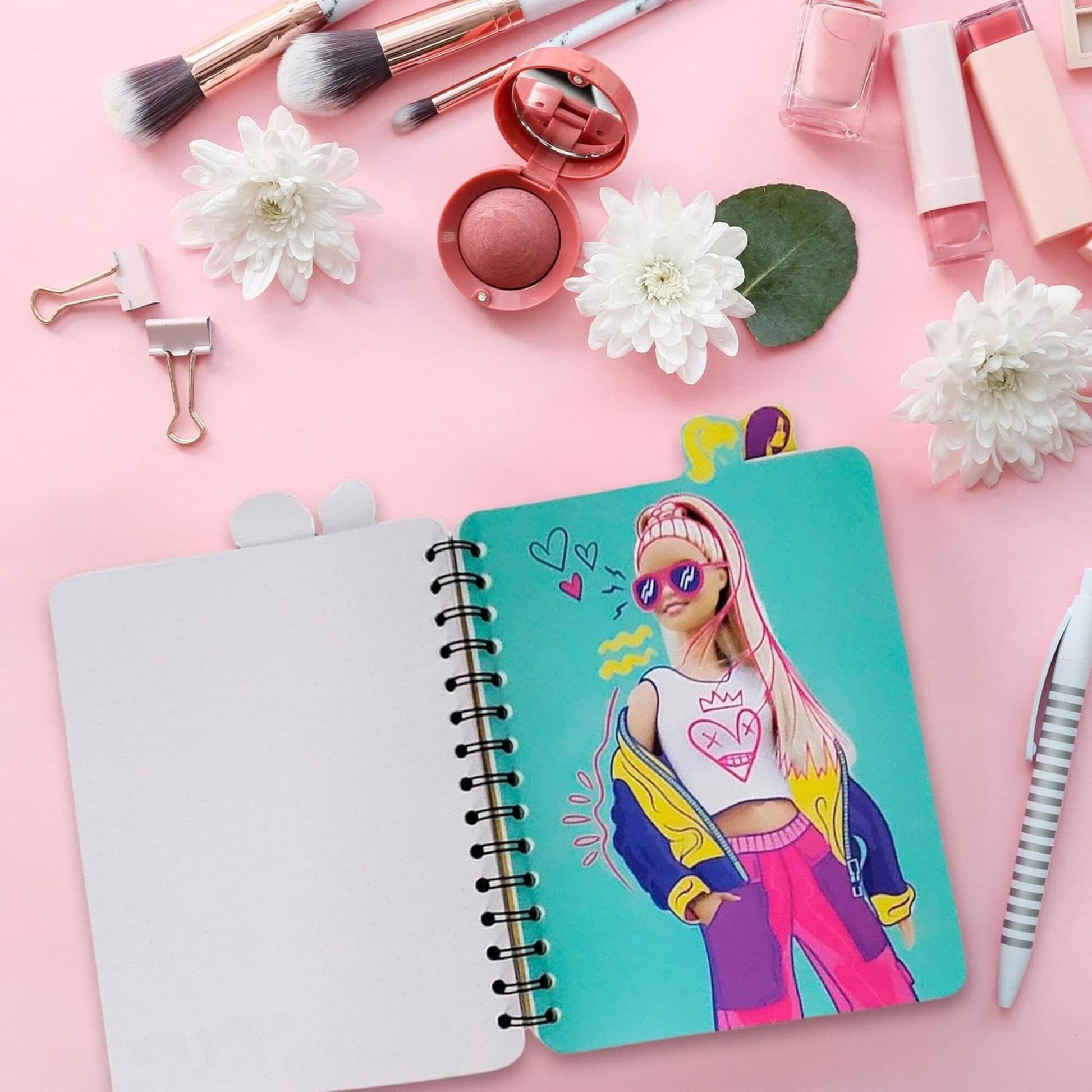 Barbie 4 Tab Journal with turquoise cover, spiral binding, and blank pages