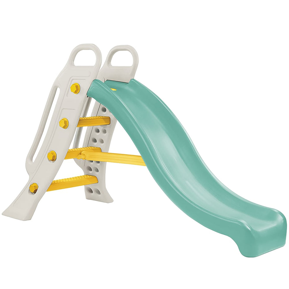 Big Water Slide in green and white with yellow steps and handles