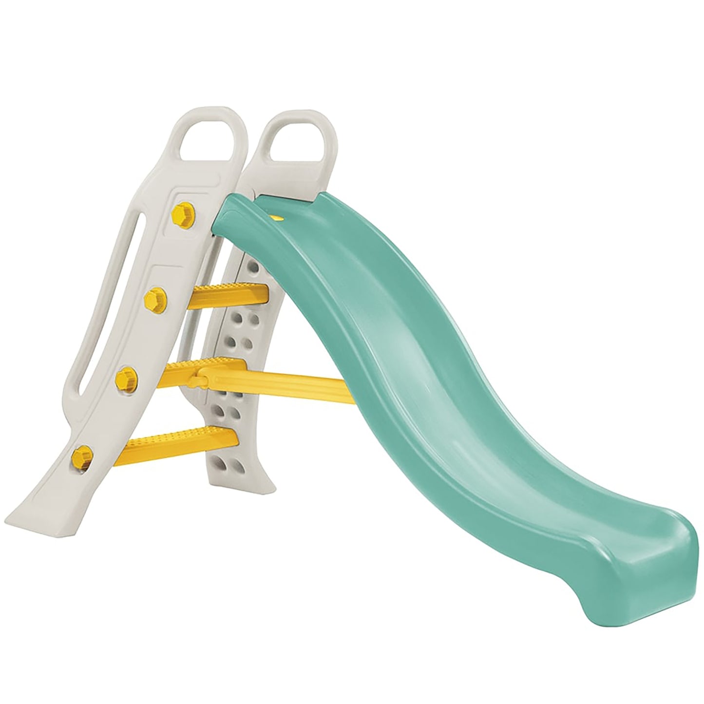 Big Water Slide in green and white with yellow steps and handles