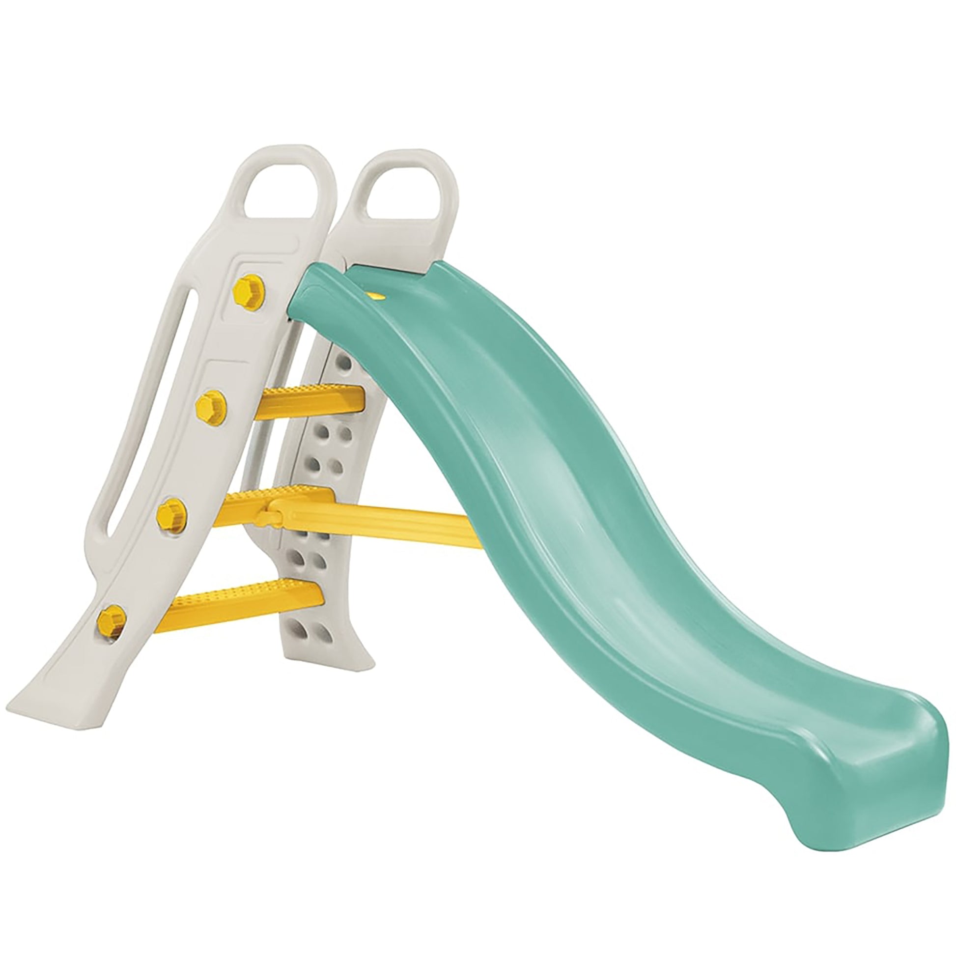 Big Water Slide in green and white with yellow steps and handles
