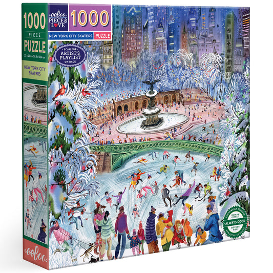 eeBoo New York City Skaters 1000 piece puzzle with snowy Central Park winter scene