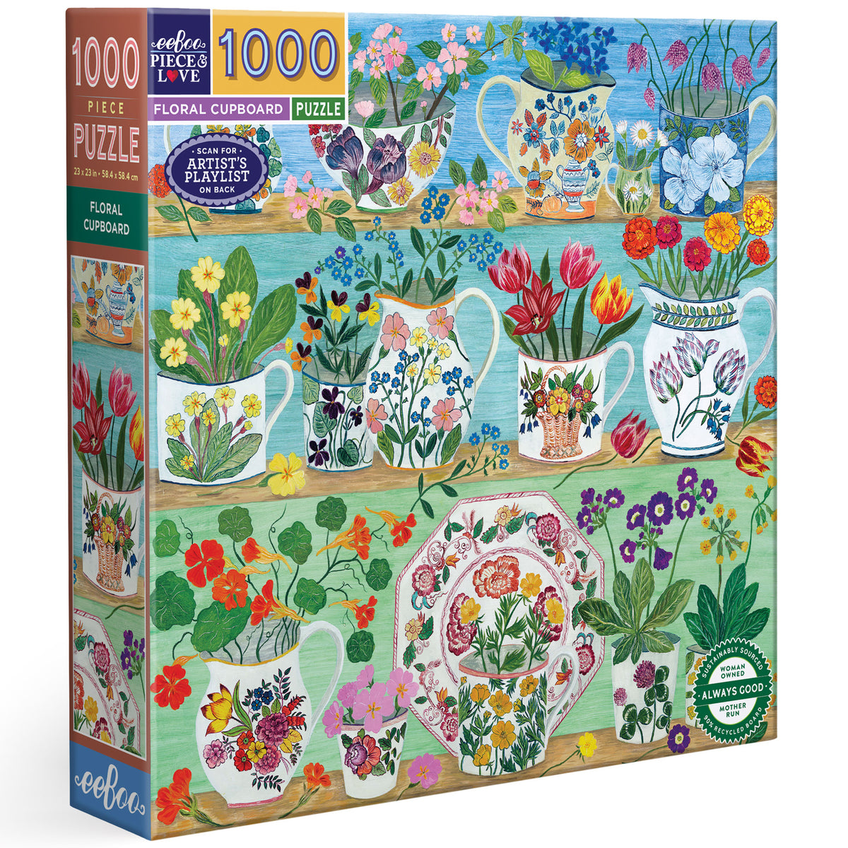 eeBoo Floral Cupboard 1000 Piece Puzzle featuring colorful flowers in decorative vases