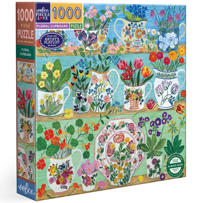 eeBoo Floral Cupboard 1000 Piece Puzzle featuring colorful flowers in decorative vases