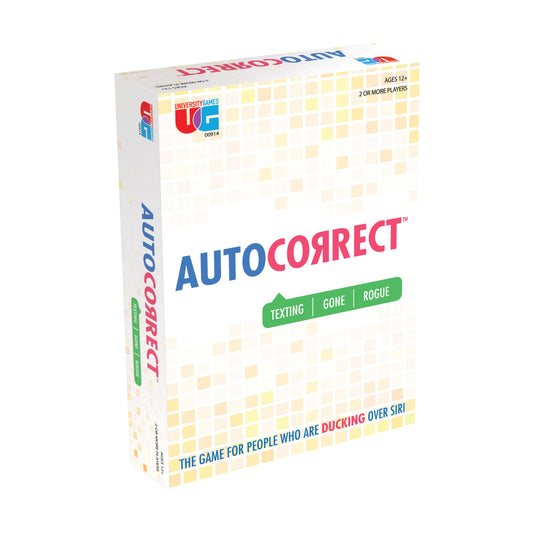 Autocorrect board game box by University Games, ages 12+, for 2 or more players. Features blue and pink text reading 'AUTOCORRECT' with green label 'TEXTING GON