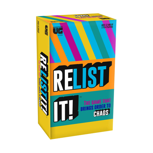 Relist It! board game box with colorful diagonal stripes, orange banner with large white text, ages 12 and up, 2 to 4 players