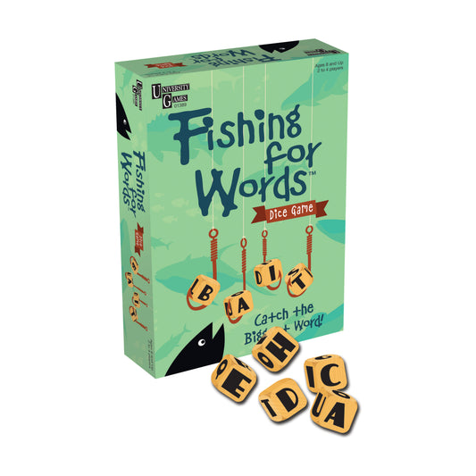 Fishing for Words Dice Game box with green water-themed design, showing yellow letter dice with letters B, A, D, U, F, T, I, C displayed in front