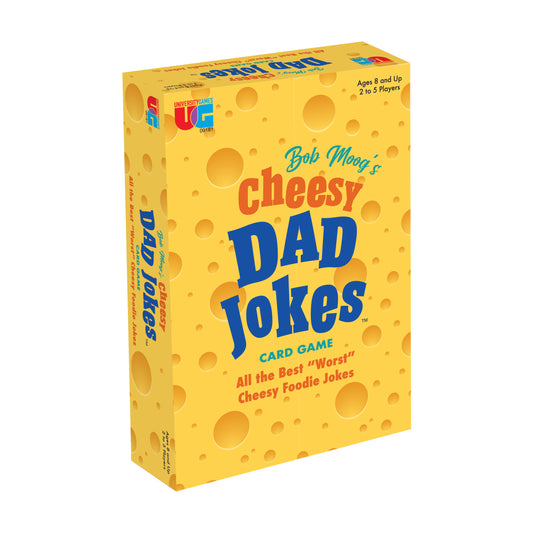 Bob Moog's Cheesy Dad Jokes card game box with yellow cheese-patterned design, ages 8 and up, 2 to 5 players