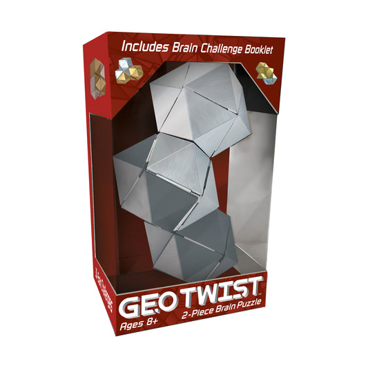 Geotwist 2-Piece Brain Puzzle packaging with silver and gray polyhedral pieces displayed in clear window, ages 8+, includes Brain Challenge Booklet