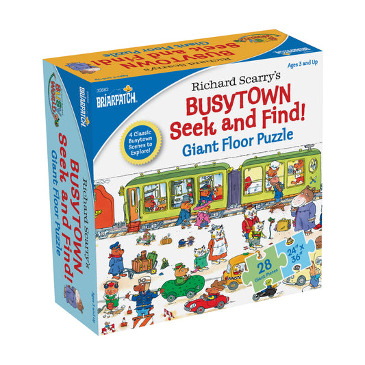 Richard Scarry's Busytown Seek and Find Giant Floor Puzzle box showing colorful train scene with characters and vehicles, 28 giant pieces, ages 3 and up