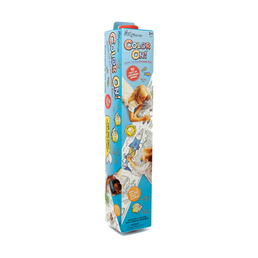 Under the Sea Color On! 10-foot coloring roll package with blue box showing children coloring ocean-themed illustrations and included crayons