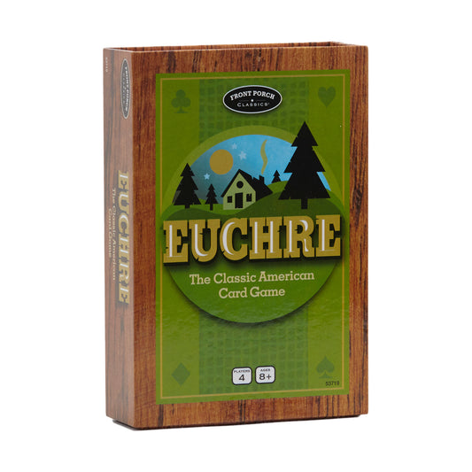 Euchre card game box with wood-grain finish and green label showing cabin in forest landscape, for 4 players ages 8+