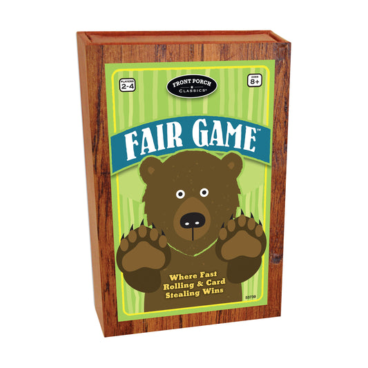 Fair Game board game box by Front Porch Classics featuring a brown bear with paws raised on green and yellow label, wooden texture box design, for 2-4 players a