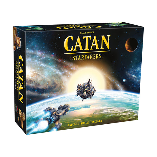 Catan: Starfarers 2nd Edition board game box featuring a space scene with spacecraft orbiting a blue planet, galaxy backdrop, and "Explore Trade Discover" tagli