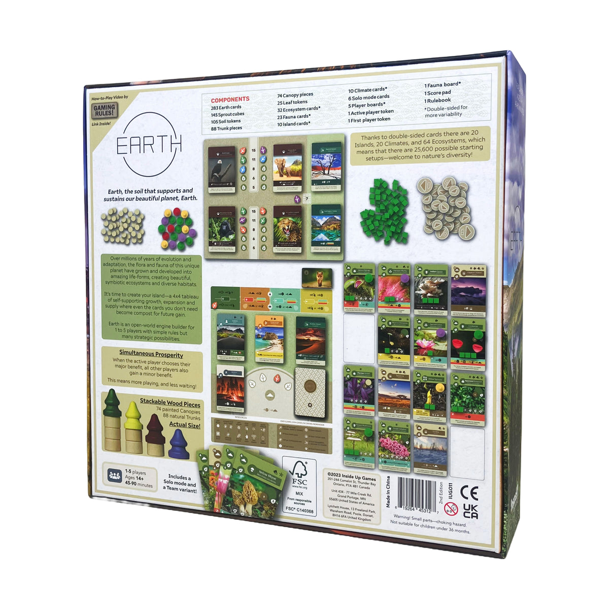 Earth board game box showing cards, wooden pieces, tokens, and game components for 1-5 players