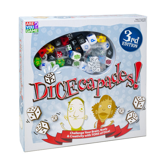 DICEcapades! 3rd Edition board game box showing colorful polyhedral dice in storage compartment, two cartoon characters, and tagline 'Challenge Your Brain, Body