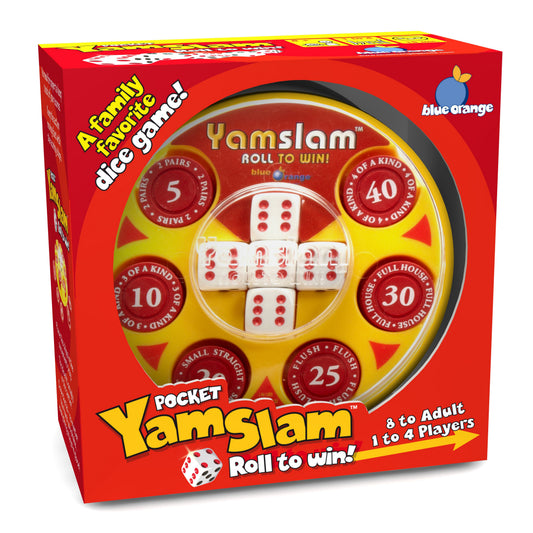 Pocket Yam Slam Travel Dice Game tin packaging showing red and yellow circular game wheel with white dice and scoring rings, 1 to 4 players