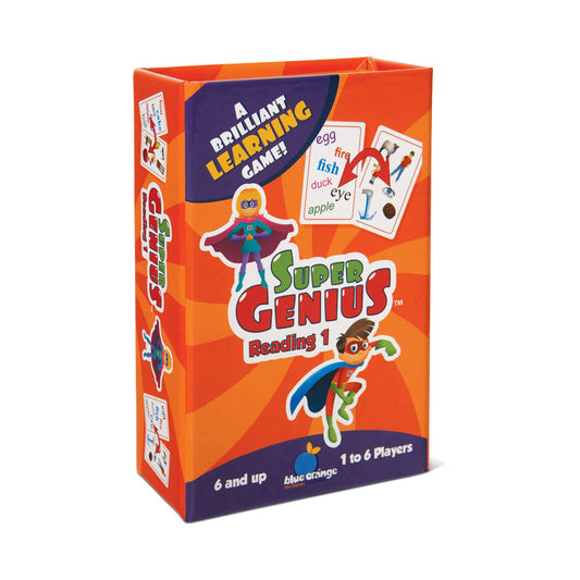 Super Genius Reading 1 board game box featuring sight words matching cards and superhero characters, for 1 to 6 players ages 6 and up