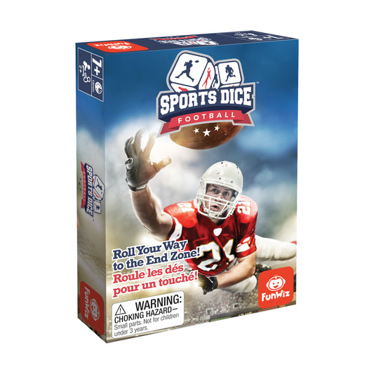 Sports Dice Football game box featuring a football player in red jersey catching a ball, with dice and "Roll Your Way to the End Zone" tagline
