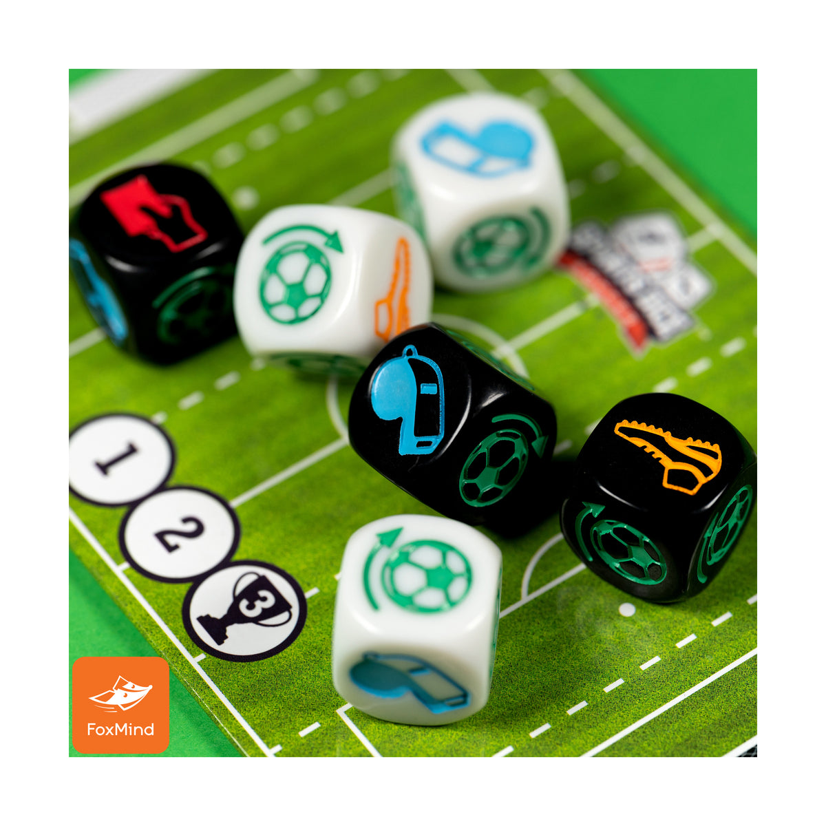 Sports Dice Soccer game with white and black dice on green field, FoxMind brand