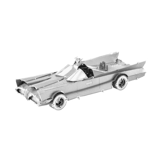 Metal Earth 3D metal model kit of the Batmobile from Batman: Classic TV Series, silvery finish on plain background