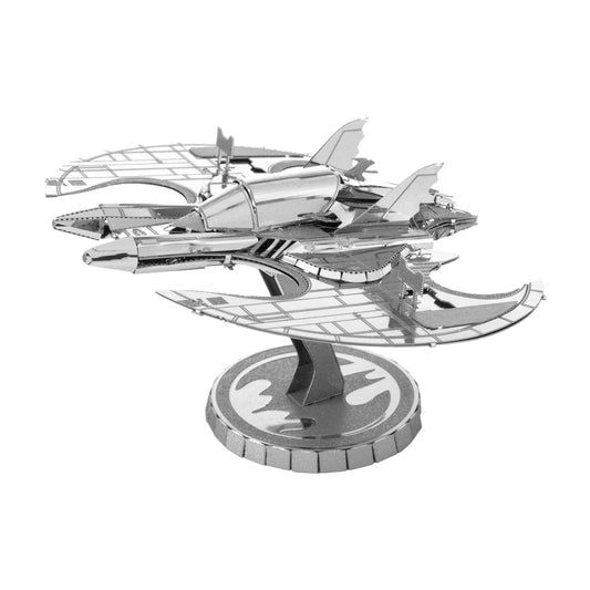 Metal Earth 3D Model Kit - Batman: 1989 Batwing, silver metal puzzle model with openable cockpit and wings, displayed on circular base