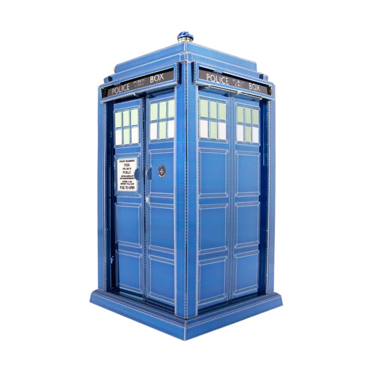 Blue metal TARDIS police box 3D model kit with gridded windows and police box text on roof