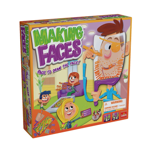 Making Faces board game box showing colorful illustrated characters with drawing tools and the tagline 'Face to Draw the Face!'