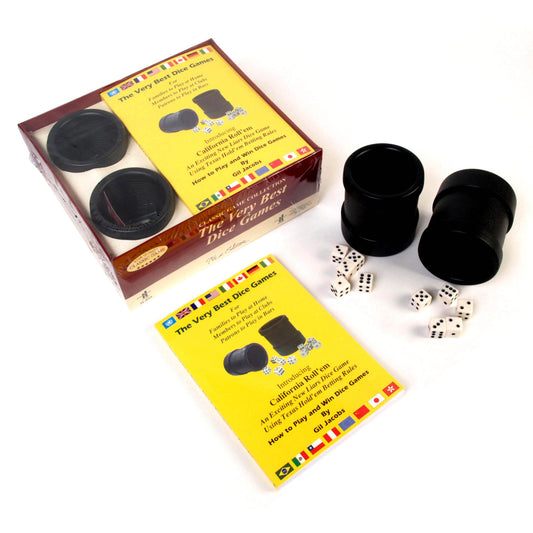 Ultimate Dice Master Game Set with two black dice cups, white and black dice, and instruction booklet for over 100 dice games