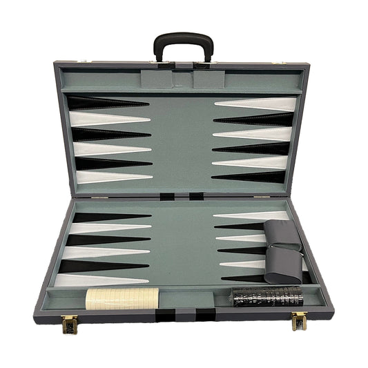 Classic Game Collection 21" Luxury Backgammon Set open to show green playing field with black and white pieces and accessories including dice cup and doubling c