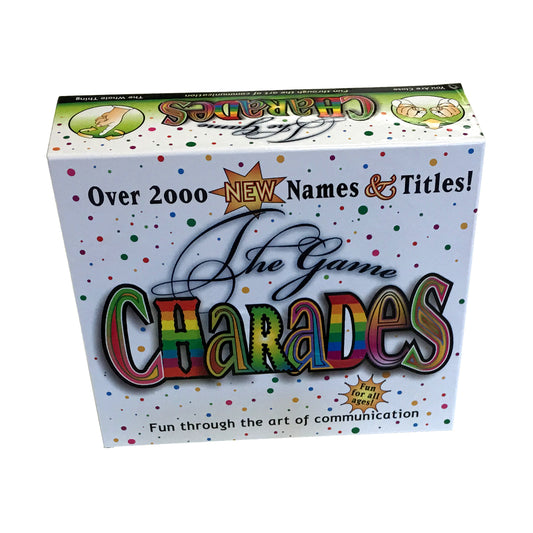 Charades Ultimate Party Edition board game box with colorful rainbow lettering, confetti pattern, and text reading 'Over 2000 NEW Names & Titles' and 'Fun throu