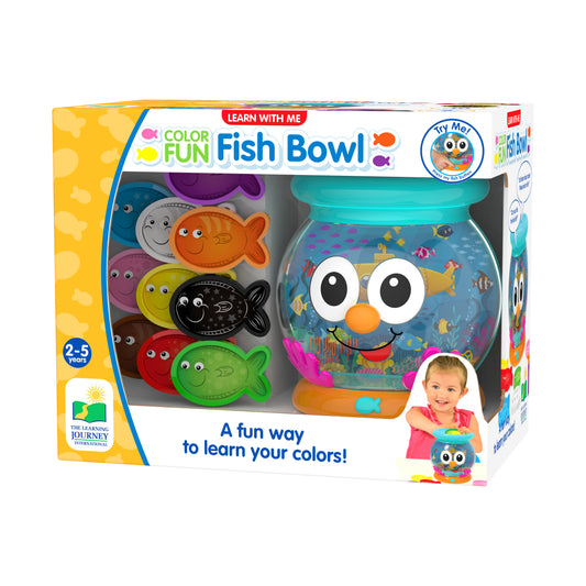 Learn with Me Color Fun Fish Bowl toy set with colorful fish-shaped pieces and an interactive fishbowl container, modeled by a child