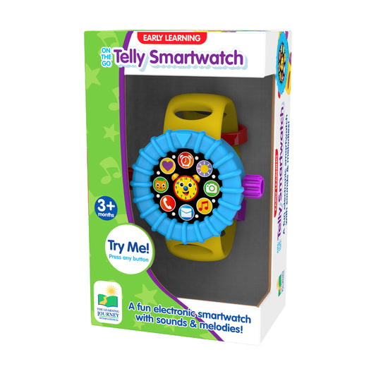 Early Learning On the Go Telly Smartwatch with yellow band, blue ruffle face, and interactive colorful buttons with sounds and melodies for ages 3 months and up