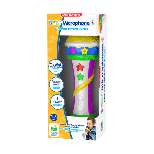 Sing-A-Long Microphone with colorful star designs on white, blue, green, and purple bands, shown in packaging with bilingual labeling for ages 1-3