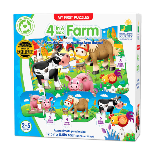 My First Puzzles 4 in a Box Farm set with 2, 4, 6, and 8 piece puzzles featuring farm animals including cow, pig, horse, and rooster on plain background