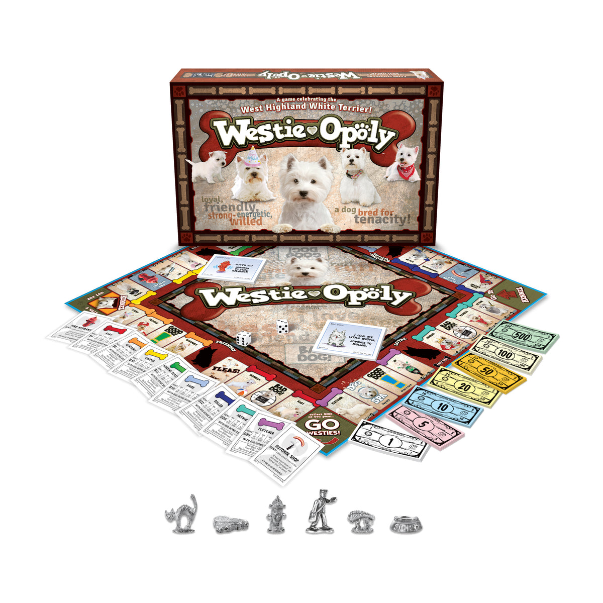 Westie-opoly board game featuring West Highland White Terrier dogs, game board, colorful money, dice, and metal playe...