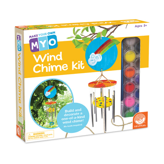 Make Your Own Wind Chime kit box showing colorful painted discs, metal chimes, and included paint palette for ages 5+