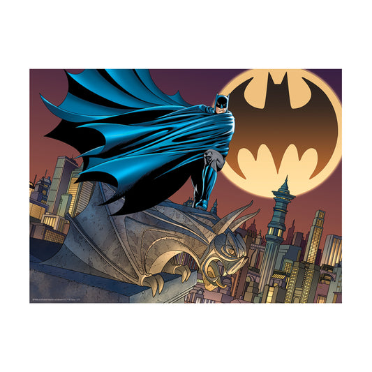 Batman in blue cape flying over Gotham City skyline with bat signal moon in background, 500-piece jigsaw puzzle 3D lenticular artwork