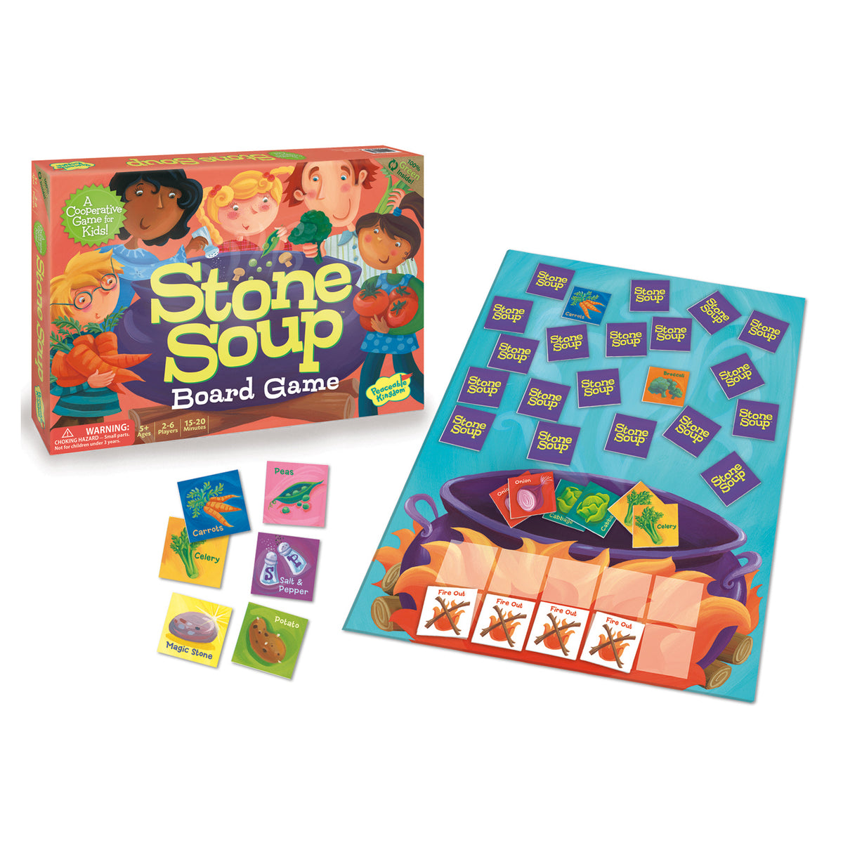 Stone Soup Board Game with colorful ingredient cards and game board featuring purple pot