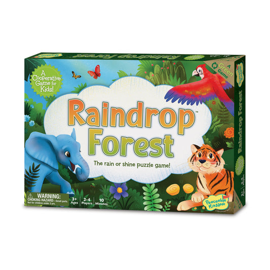 Raindrop Forest board game box featuring a blue elephant, red macaw, and tiger among green foliage, labeled a cooperative game for kids ages 3+, 2-4 players, 10