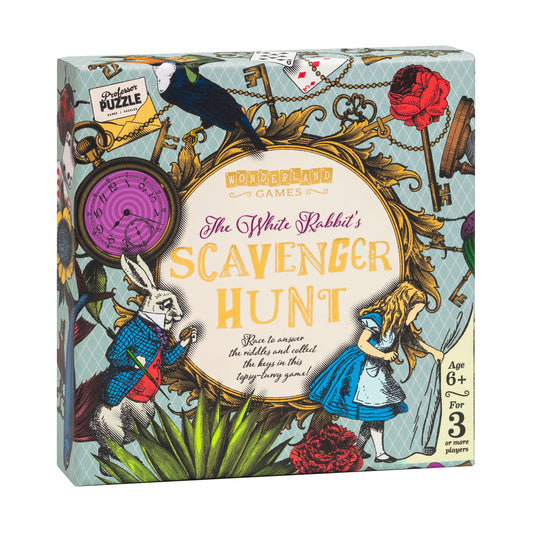 The White Rabbit's Scavenger Hunt Game box by Wonderland Games, featuring illustrated Alice in Wonderland characters, a purple pocket watch, ornate frame, and t