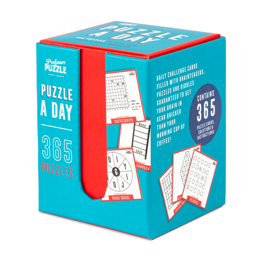 Professor Puzzle 365 daily challenge cards box with turquoise and red packaging, showing sample puzzle cards including crosswords, word wheels, and brain teaser