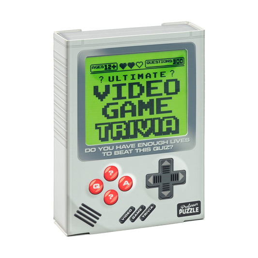 Ultimate Video Game Trivia puzzle box designed like a retro handheld gaming device with green screen display, red question mark buttons, and d-pad controls
