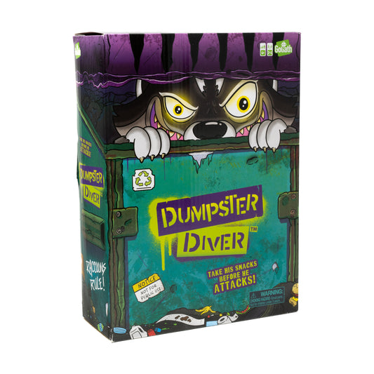 Goliath Dumpster Diver game box featuring a sneaky raccoon with yellow eyes peeking out of a green dumpster