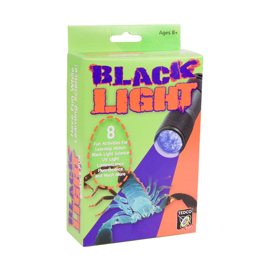 Black Light Science Explorer Kit box showing purple flashlight with glowing blue orb and fluorescent scorpion, ages 8+