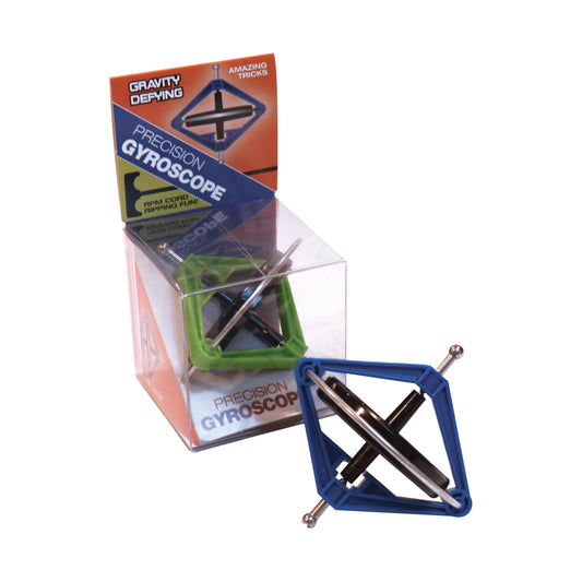 Precision Gyroscope Science Kit with blue and green square frames, metal spinning axes, and gravity-defying display box packaging