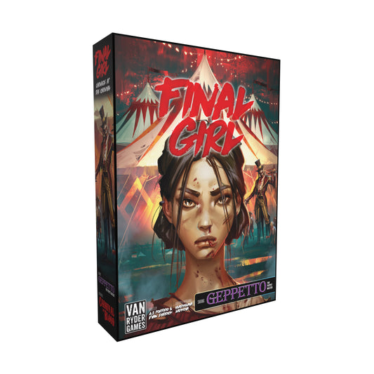 Final Girl: Feature Film Box - Carnage at the Carnival Expansion game box featuring illustrated character with dark hair against carnival tent backdrop
