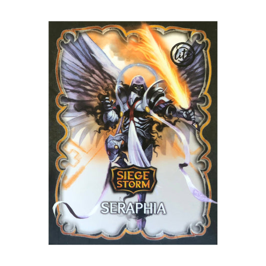 SiegeStorm Seraphia Faction Deck Expansion card featuring armored winged character with glowing orange energy effects