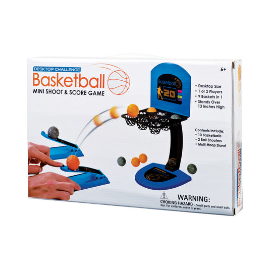 Desktop Challenge Basketball Mini Shoot & Score Game with blue ball shooters, 9-basket stand, and 10 basketballs included
